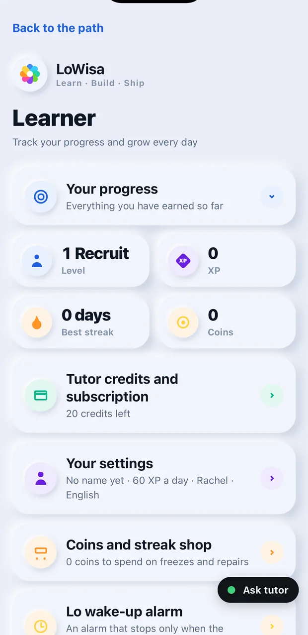 The LoWisa Profile page: cards for your progress, tutor credits and subscription, your settings, the coins shop and the rest.