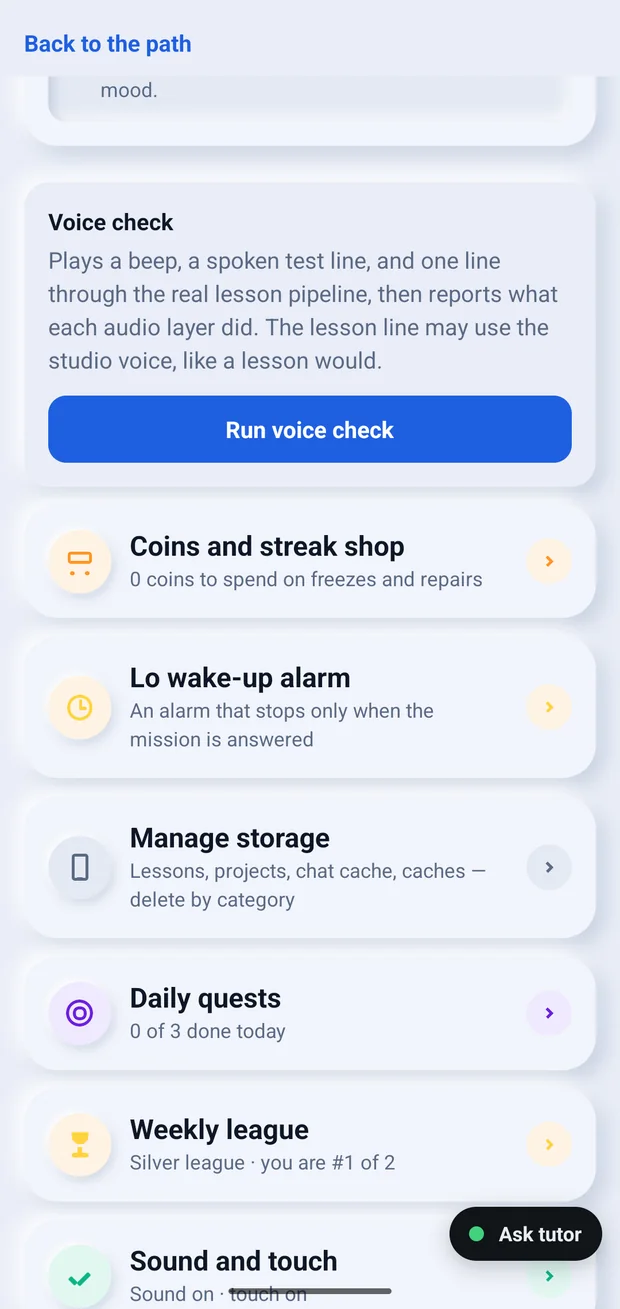 The Voice check card inside the LoWisa app settings, explaining that it plays a beep, a spoken test line and one line through the real lesson pipeline, above a Run voice check button.
